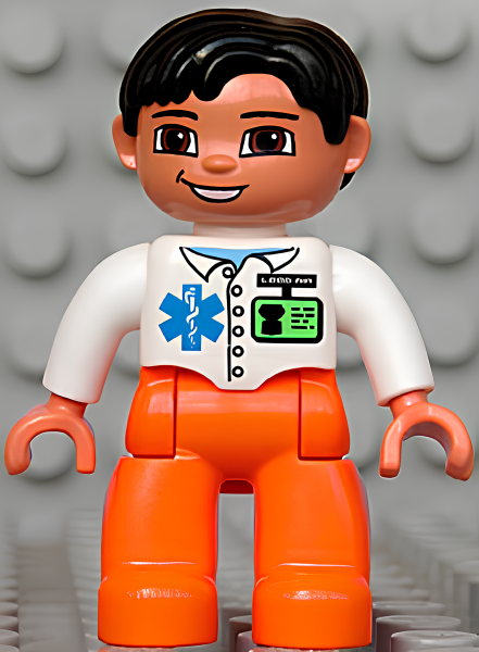 Минифигурка Lego Duplo Figure Lego Ville, Male Medic, Orange Legs, White Top with ID Badge and EMT Star of Life Pattern, Black Hair, Brown Eyes 47394pb086